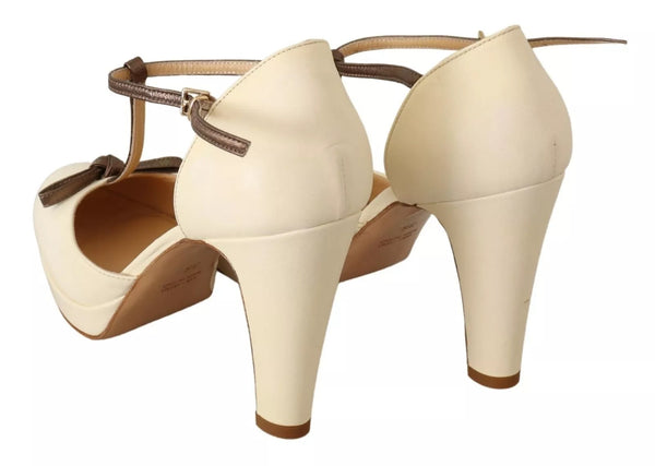 Beige T-Strap Block Heels Pumps Leder Schuhe