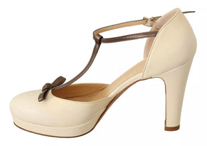Beige T-Strap Block Heels Pumps Leder Schuhe