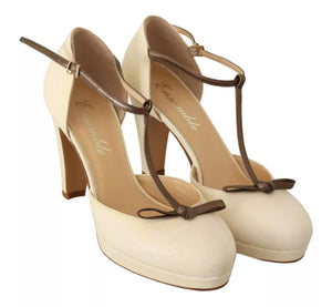 Beige T-Strap Block Heels Pumps Leder Schuhe
