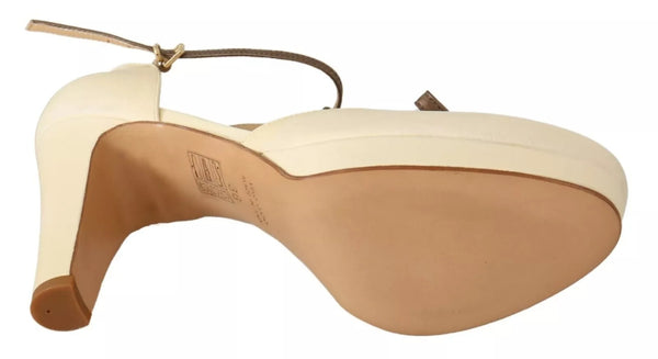 Beige T-Strap Block Heels Pumps Leder Schuhe