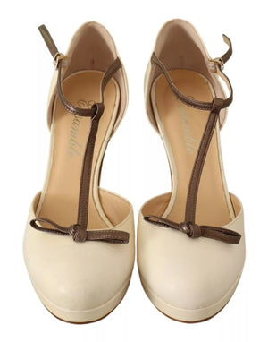 Beige T-Strap Block Heels Pumps Leder Schuhe
