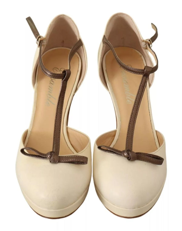 Beige T-Strap Block Heels Pumps Leder Schuhe