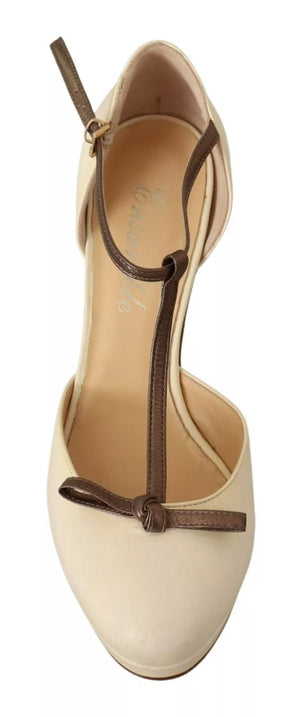 Beige T-Strap Block Heels Pumps Leder Schuhe