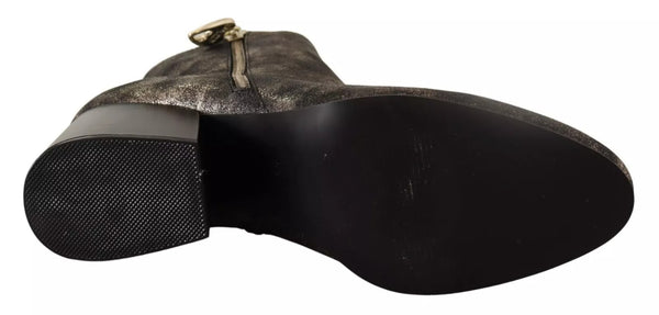 Schwarzes Leder Block Absätze Ankle Stiefel Reißverschluss Schuhe