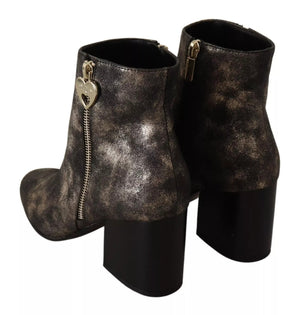 Schwarzes Leder Block Absätze Ankle Stiefel Reißverschluss Schuhe