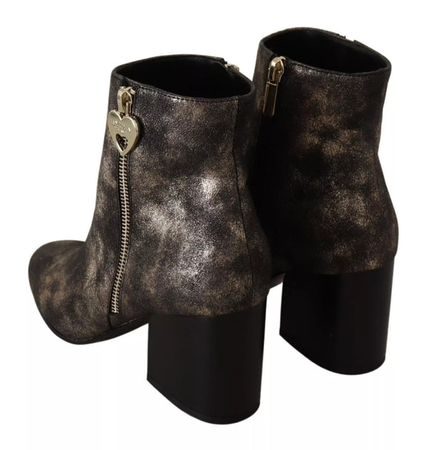 Schwarzes Leder Block Absätze Ankle Stiefel Reißverschluss Schuhe