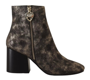 Schwarzes Leder Block Absätze Ankle Stiefel Reißverschluss Schuhe