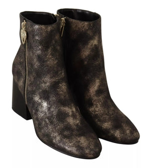 Schwarzes Leder Block Absätze Ankle Stiefel Reißverschluss Schuhe