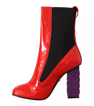 Rotes Leder Schwarzer Stoff Logo Absatz Stiefelette Schuhe