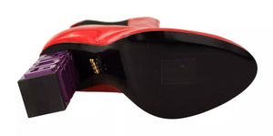 Rotes Leder Schwarzer Stoff Logo Absatz Stiefelette Schuhe