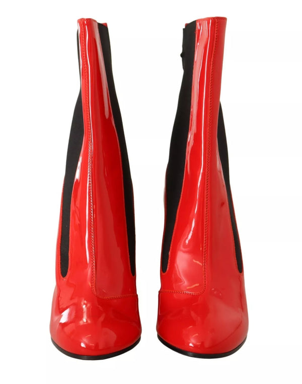Rotes Leder Schwarzer Stoff Logo Absatz Stiefelette Schuhe