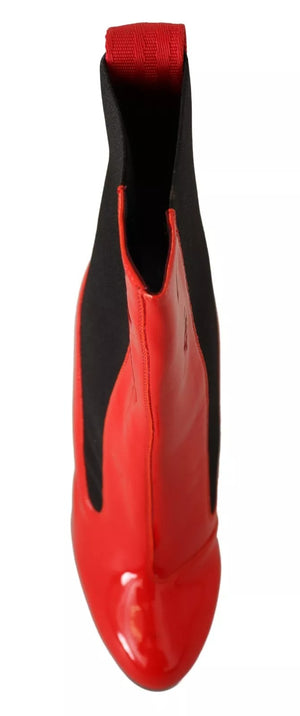 Rotes Leder Schwarzer Stoff Logo Absatz Stiefelette Schuhe