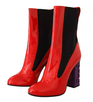Rotes Leder Schwarzer Stoff Logo Absatz Stiefelette Schuhe