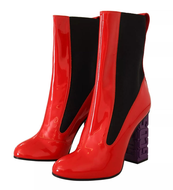 Rotes Leder Schwarzer Stoff Logo Absatz Stiefelette Schuhe