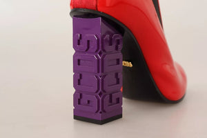 Rotes Leder Schwarzer Stoff Logo Absatz Stiefelette Schuhe