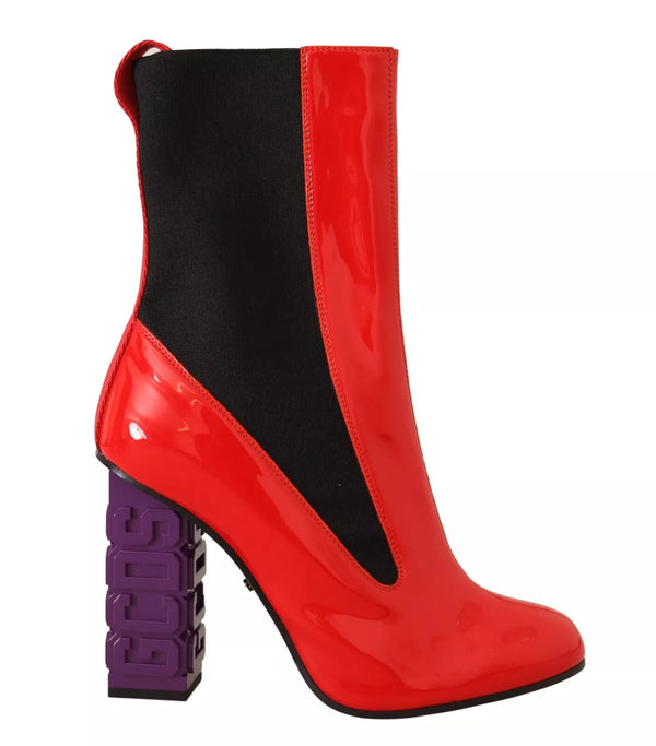 Rotes Leder Schwarzer Stoff Logo Absatz Stiefelette Schuhe