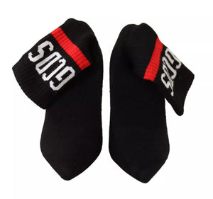 Schwarzes Wildleder Logo Socken Block Heel Stiefeletten Schuhe