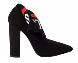 Schwarzes Wildleder Logo Socken Block Heel Stiefeletten Schuhe