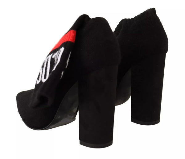 Schwarzes Wildleder Logo Socken Block Heel Stiefeletten Schuhe