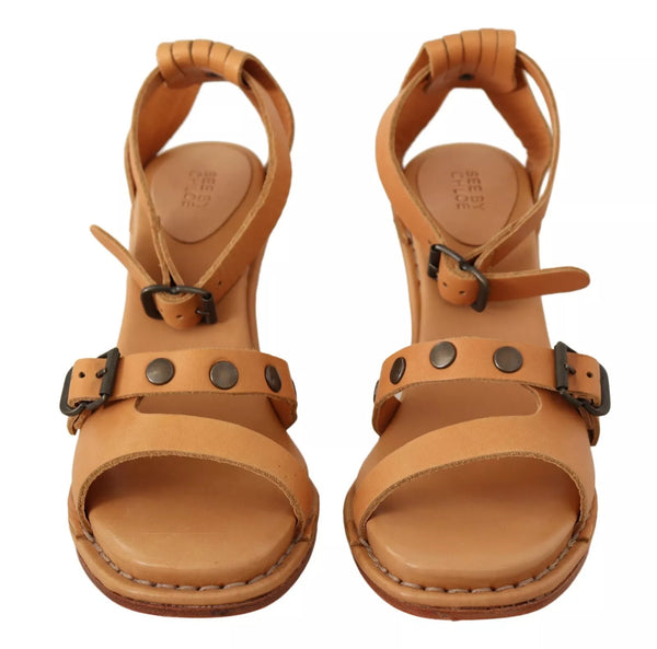 Braune Leder Nieten Riemchensandalen Schuhe
