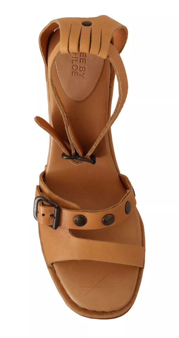 Braune Leder Nieten Riemchensandalen Schuhe