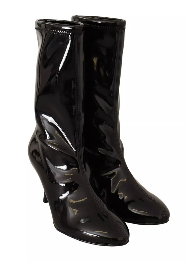 Schwarz Lackleder High Heels Stiefel Schuhe