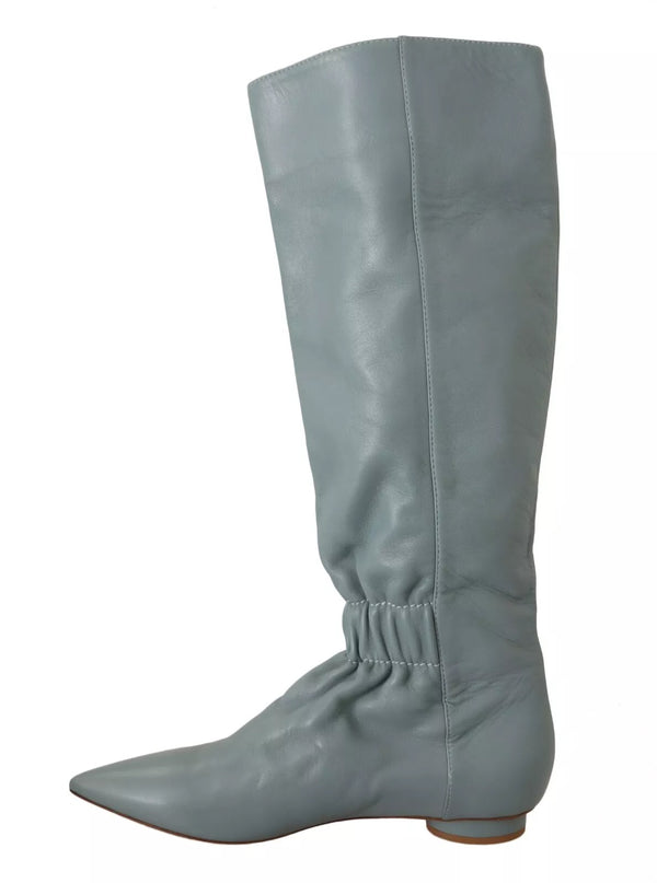 Blaues Leder Elastische Flats Pull On Kniehohe Stiefel Schuhe