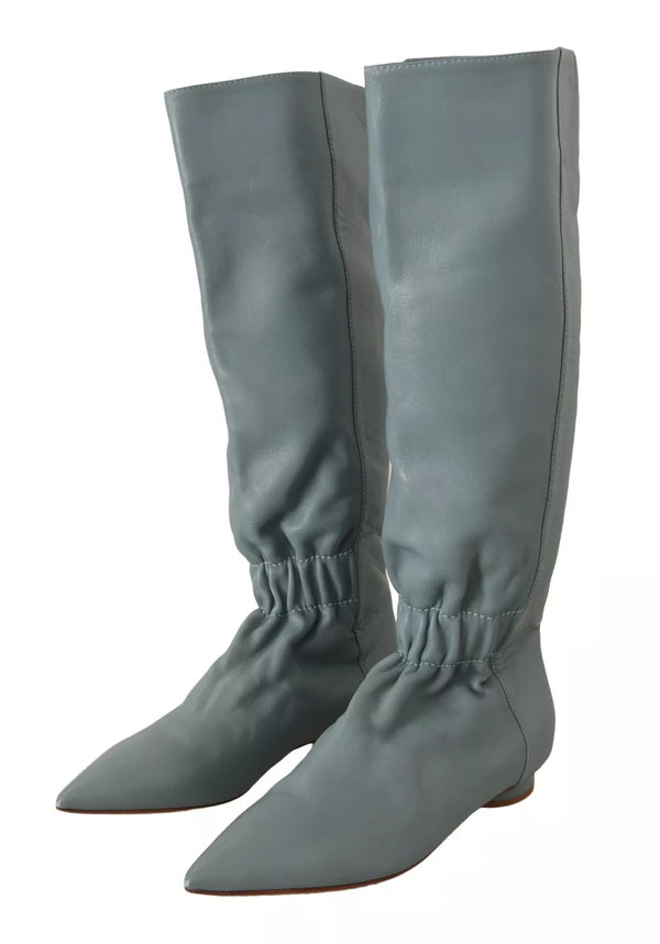 Blaues Leder Elastische Flats Pull On Kniehohe Stiefel Schuhe