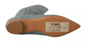 Blaues Leder Elastische Flats Pull On Kniehohe Stiefel Schuhe