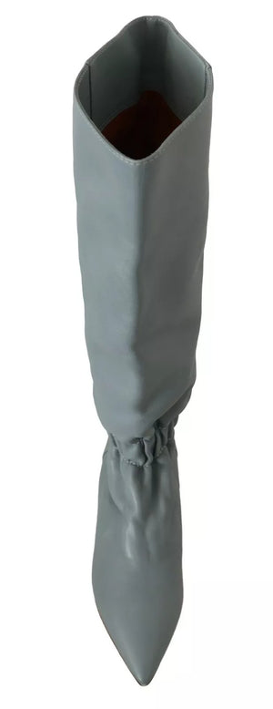 Blaues Leder Elastische Flats Pull On Kniehohe Stiefel Schuhe