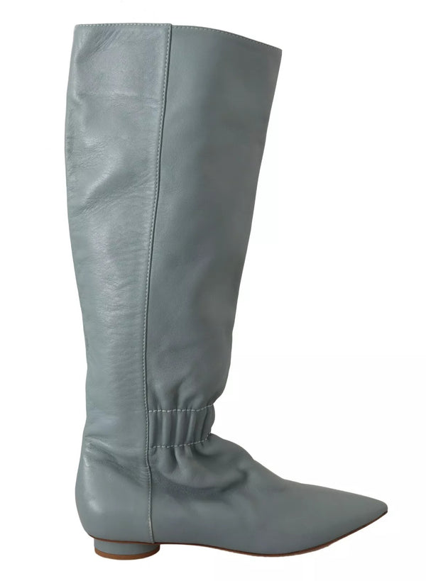 Blaues Leder Elastische Flats Pull On Kniehohe Stiefel Schuhe