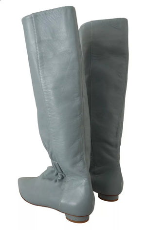 Blaues Leder Elastische Flats Pull On Kniehohe Stiefel Schuhe