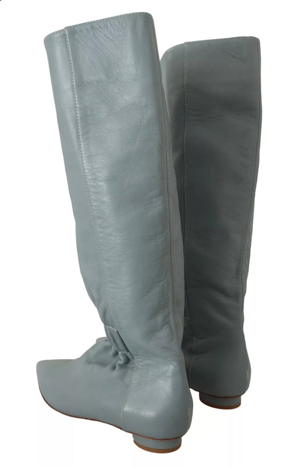 Blaues Leder Elastische Flats Pull On Kniehohe Stiefel Schuhe
