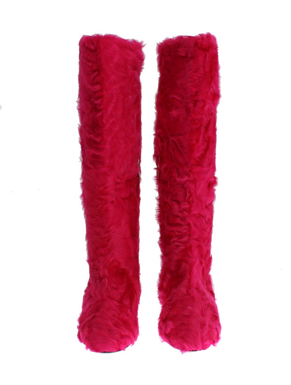 Rosa Lammfell-Lederstiefel flach