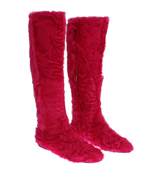 Rosa Lammfell-Lederstiefel flach