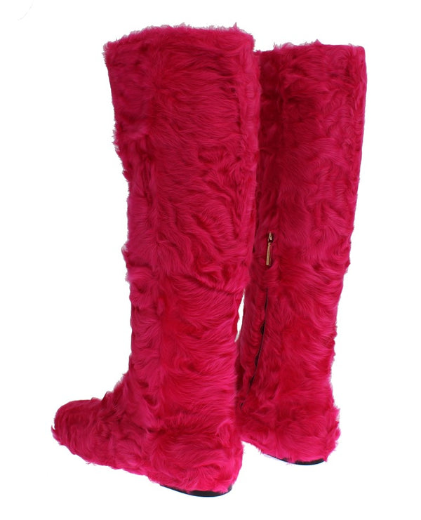 Rosa Lammfell-Lederstiefel flach