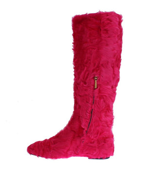 Rosa Lammfell-Lederstiefel flach