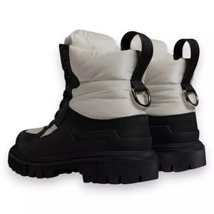 Schwarz Weiß Gepolsterte Mid Calf Lace Up Stiefel Schuhe