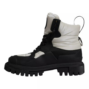 Schwarz Weiß Gepolsterte Mid Calf Lace Up Stiefel Schuhe