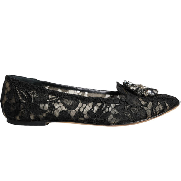 Schwarze Spitze Kristall Ballett Flats Loafer Schuhe