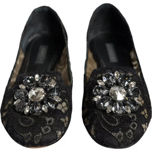 Schwarze Spitze Kristall Ballett Flats Loafer Schuhe