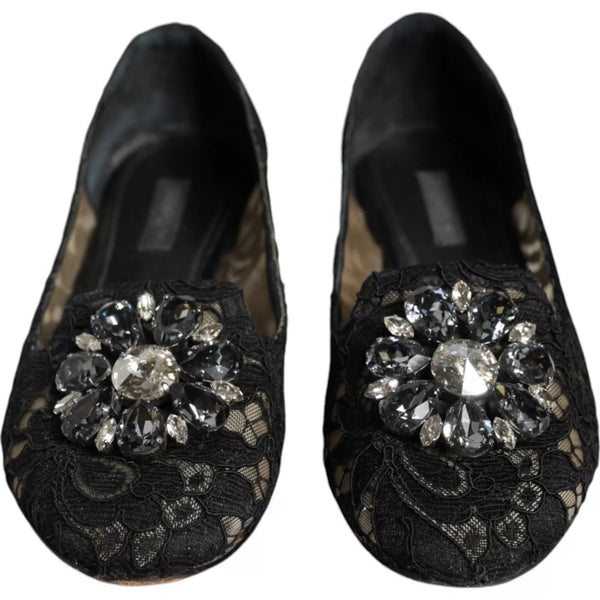 Schwarze Spitze Kristall Ballett Flats Loafer Schuhe
