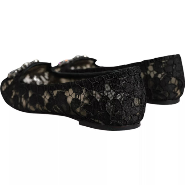 Schwarze Spitze Kristall Ballett Flats Loafer Schuhe