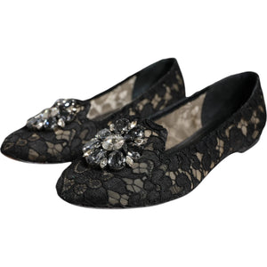 Schwarze Spitze Kristall Ballett Flats Loafer Schuhe