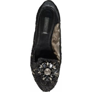 Schwarze Spitze Kristall Ballett Flats Loafer Schuhe