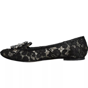 Schwarze Spitze Kristall Ballett Flats Loafer Schuhe