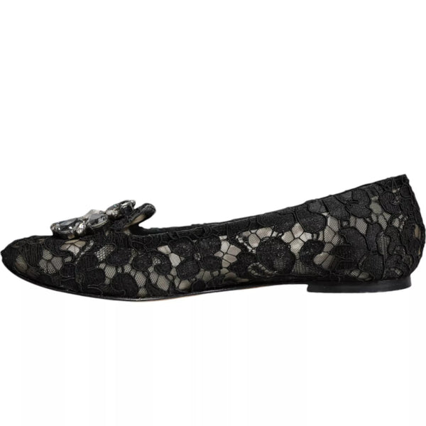 Schwarze Spitze Kristall Ballett Flats Loafer Schuhe