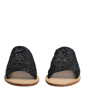Schwarz Monochrome geflochtene Raffia Slides Schuhe