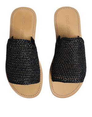 Schwarz Monochrome geflochtene Raffia Slides Schuhe