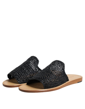 Schwarz Monochrome geflochtene Raffia Slides Schuhe